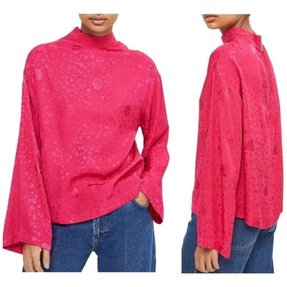 Topshop Pink Floral Kimono Blouse Mock Neck Size 6 - Picture 1 of 8